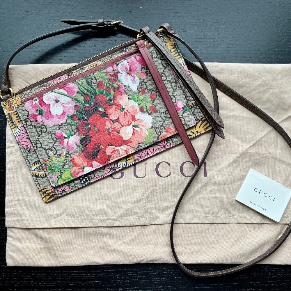 Authentic Gucci GG Bengal Blooms Dual Pouch Crossbody Pink Floral Tiger